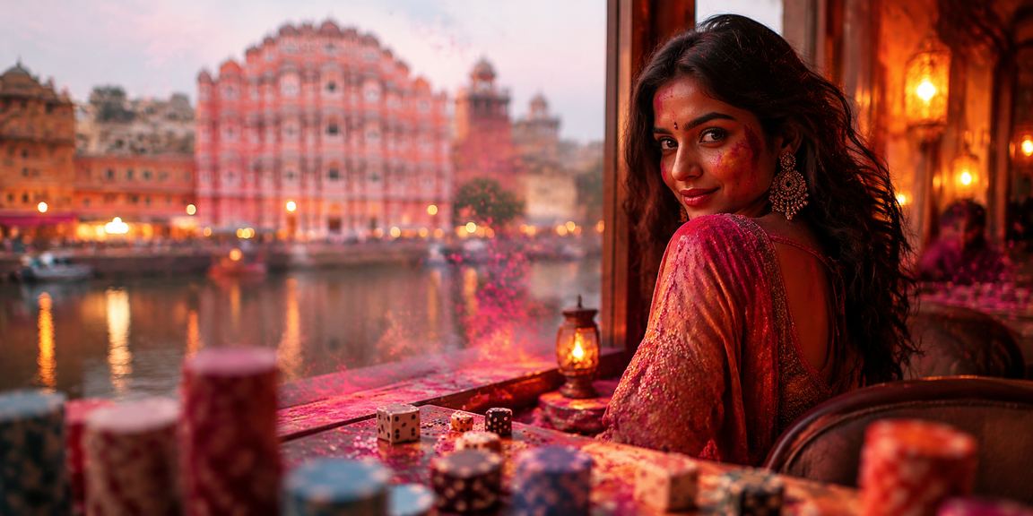 Jaipur Hawa Mahal dice game scene festive Holi colors